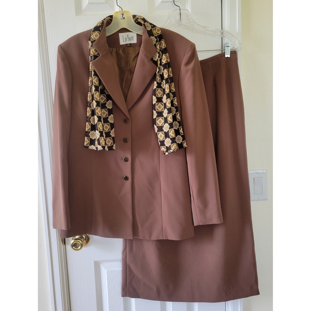 Le Suit Skirt Suit Size 12 Light Brown Long‎ Skirt Longsleeve Scarf Lined